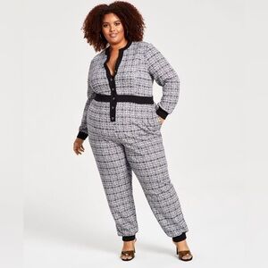 Plus Size Tweed Contrast-Trim Button-Front Jumpsuit, Created for Macy's